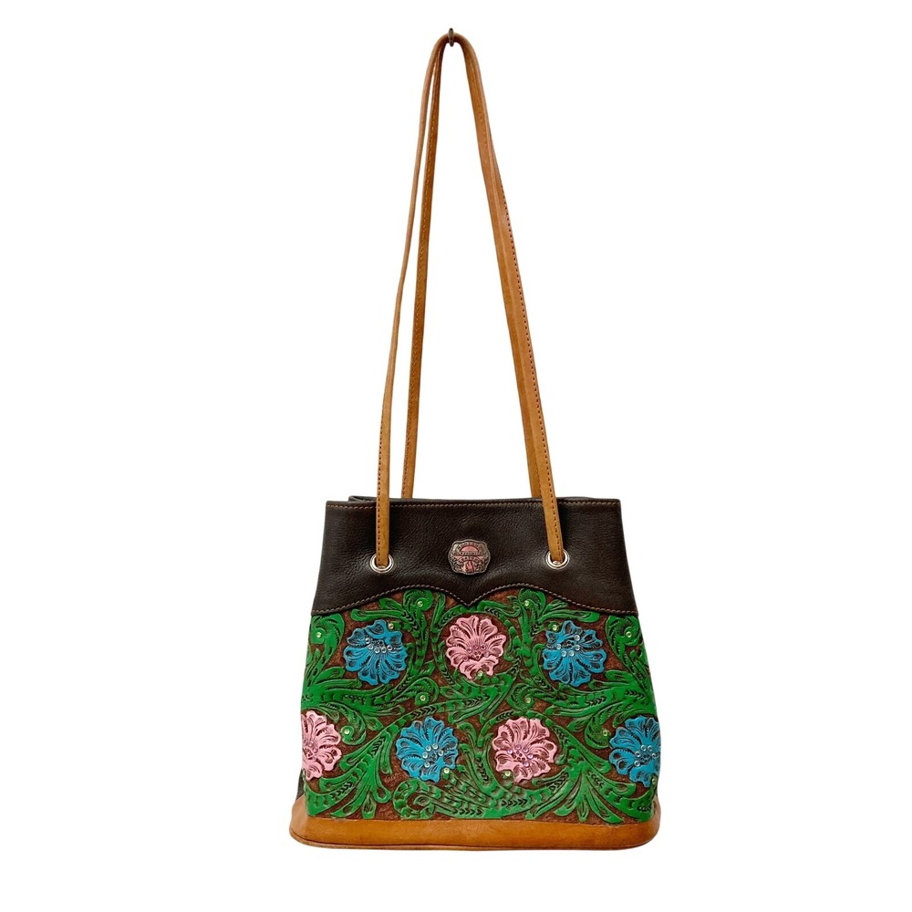 Montana Silversmiths Leather Tooled Shoulder Bag Floral Rhinestones Vintage - Picture 1 of 14